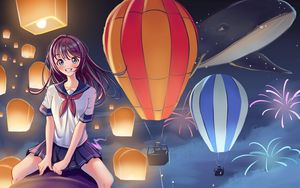 Preview wallpaper girl, smile, lanterns, sky, anime