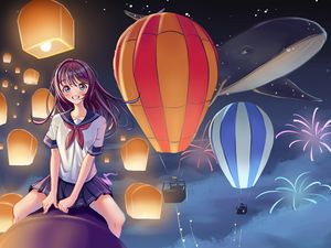 Preview wallpaper girl, smile, lanterns, sky, anime