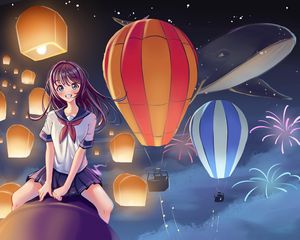 Preview wallpaper girl, smile, lanterns, sky, anime