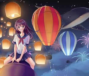 Preview wallpaper girl, smile, lanterns, sky, anime