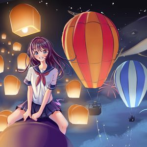 Preview wallpaper girl, smile, lanterns, sky, anime