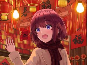 Preview wallpaper girl, smile, lanterns, anime, art