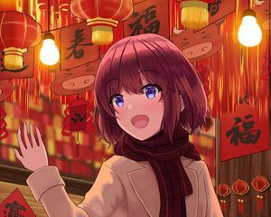 Preview wallpaper girl, smile, lanterns, anime, art