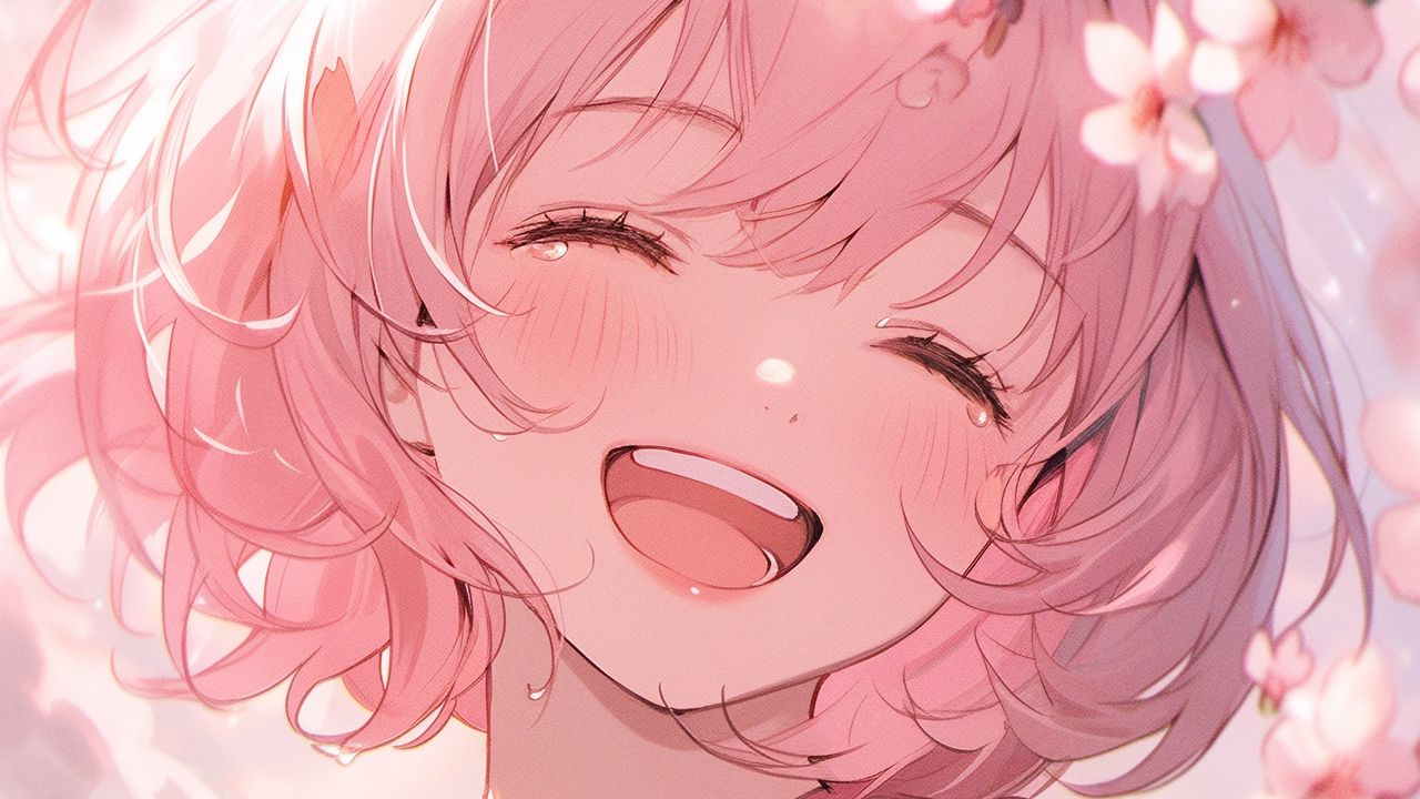 Wallpaper girl, smile, laughter, tears, pink, anime