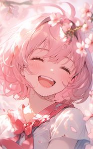 Preview wallpaper girl, smile, laughter, tears, pink, anime