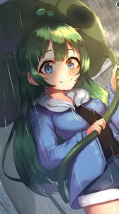 Preview wallpaper girl, smile, leaf, rain, anime, art