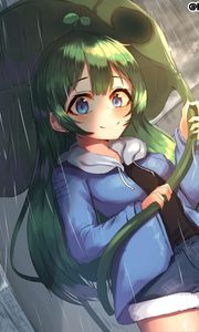 Preview wallpaper girl, smile, leaf, rain, anime, art