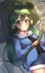 Preview wallpaper girl, smile, leaf, rain, anime, art