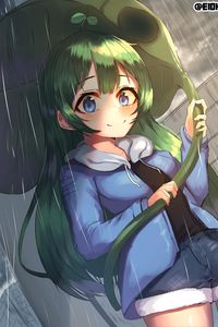 Preview wallpaper girl, smile, leaf, rain, anime, art