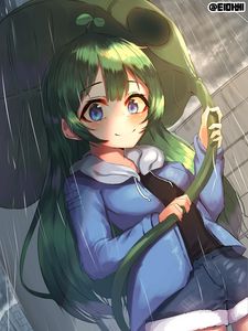 Preview wallpaper girl, smile, leaf, rain, anime, art