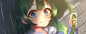 Preview wallpaper girl, smile, leaf, rain, anime, art