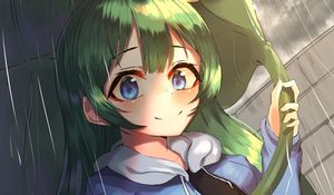 Preview wallpaper girl, smile, leaf, rain, anime, art