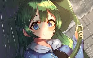 Preview wallpaper girl, smile, leaf, rain, anime, art