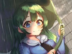 Preview wallpaper girl, smile, leaf, rain, anime, art