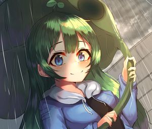 Preview wallpaper girl, smile, leaf, rain, anime, art