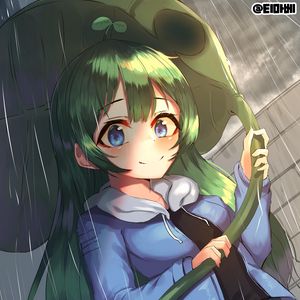 Preview wallpaper girl, smile, leaf, rain, anime, art