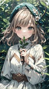 Preview wallpaper girl, smile, leaves, dress, anime