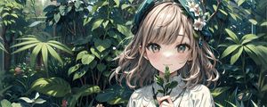 Preview wallpaper girl, smile, leaves, dress, anime