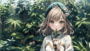 Preview wallpaper girl, smile, leaves, dress, anime