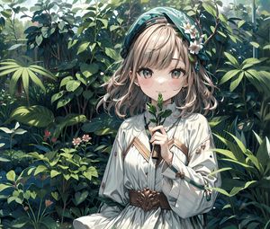 Preview wallpaper girl, smile, leaves, dress, anime
