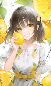 Preview wallpaper girl, smile, lemons, lemonade, drops, yellow, anime