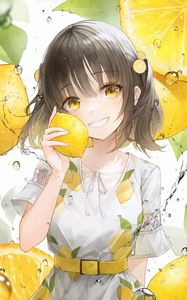 Preview wallpaper girl, smile, lemons, lemonade, drops, yellow, anime