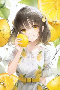 Preview wallpaper girl, smile, lemons, lemonade, drops, yellow, anime