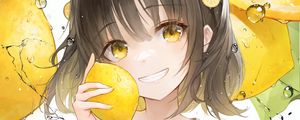 Preview wallpaper girl, smile, lemons, lemonade, drops, yellow, anime