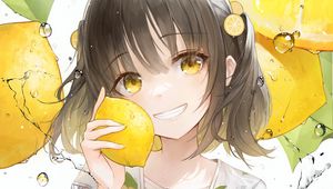 Preview wallpaper girl, smile, lemons, lemonade, drops, yellow, anime