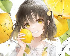 Preview wallpaper girl, smile, lemons, lemonade, drops, yellow, anime