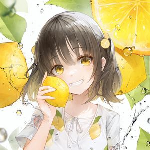 Preview wallpaper girl, smile, lemons, lemonade, drops, yellow, anime