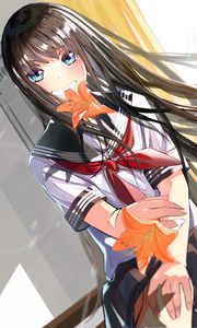 Preview wallpaper girl, smile, lilies, flowers, anime