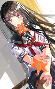 Preview wallpaper girl, smile, lilies, flowers, anime