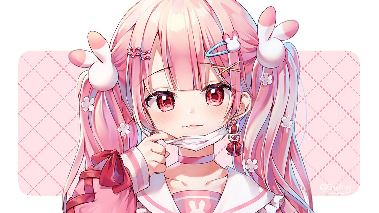 Wallpaper girl, smile, mask, hairpins, anime, pink