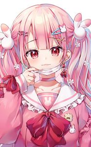 Preview wallpaper girl, smile, mask, hairpins, anime, pink