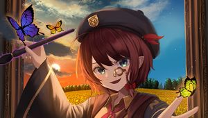 Preview wallpaper girl, smile, monocle, butterflies, anime