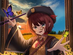 Preview wallpaper girl, smile, monocle, butterflies, anime