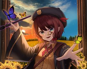 Preview wallpaper girl, smile, monocle, butterflies, anime