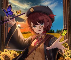 Preview wallpaper girl, smile, monocle, butterflies, anime
