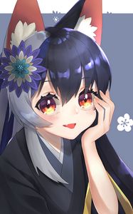 Preview wallpaper girl, smile, neko, kimono, flower, anime