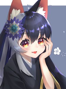 Preview wallpaper girl, smile, neko, kimono, flower, anime