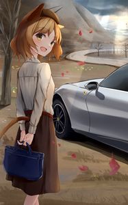 Preview wallpaper girl, smile, neko, tail, bag, car, anime