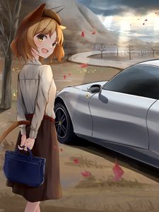 Preview wallpaper girl, smile, neko, tail, bag, car, anime