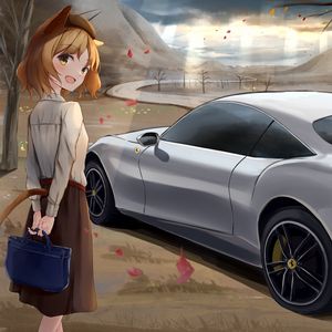 Preview wallpaper girl, smile, neko, tail, bag, car, anime