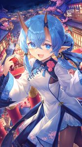 Preview wallpaper girl, smile, neko, horns, holiday, anime
