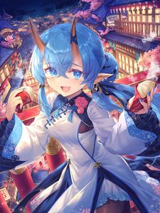 Preview wallpaper girl, smile, neko, horns, holiday, anime