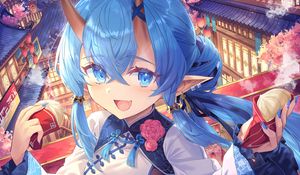 Preview wallpaper girl, smile, neko, horns, holiday, anime