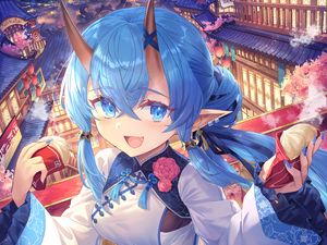 Preview wallpaper girl, smile, neko, horns, holiday, anime