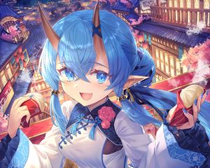 Preview wallpaper girl, smile, neko, horns, holiday, anime