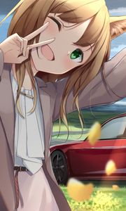 Preview wallpaper girl, smile, neko, gesture, selfie, car, anime